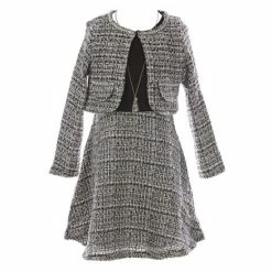 Hot Sale 🥰 Rare Editions Big 👧 Girls 7-16 Velvet To Boucle Skater 👗 Dress & Matching Cardigan Set Black 🎉