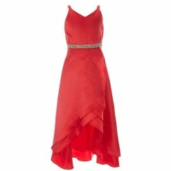Best Pirce 😉 Rare Editions Big 👧 Girls 7-16 Sleeveless V-Neck Beaded Waist Tie Back Double-Flounce-Tulip-Hem Satin Faux-Wrap Maxi 👗 Dress Red ✔️