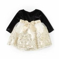 Hot Sale 😀 Rare Editions Baby 👧 Girls 3-24 Months Long-Sleeve Velvet/Embroidered-Mesh Fit-And-Flare 👗 Dress Gold 🔔