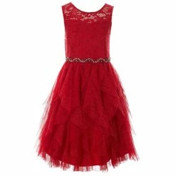 Top 10 🧨 Rare Editions Big 👧 Girls 7-16 Glitter Stretch Lace Illusion Lace Cascade 👗 Dress Red 🌟