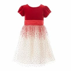 Best Pirce 🎉 Rare Editions Little 👧 Girls 4-6X Cap Sleeve Velvet Glitter Mesh 👗 Skirt Party 👗 Dress Red/white 🎁