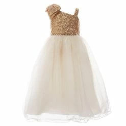 Coupon ✔️ Rare Editions Little 👧 Girls 4-6X Sequin Bow One Shoulder Glitter Mesh 👗 Dress Champagne 🌟