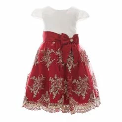 Promo 🌟 Rare Editions Little 👧 Girls 2T-4T Cap Sleeve Satin Bodice Embroidered 👗 Skirt Holiday 👗 Dress Burgundy 🤩