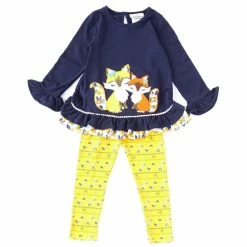 Outlet ✔️ Rare Editions Little 👧 Girls 2T-6X Long-Sleeve Fox-Applique Tunic Top & Printed Leggings 2-Piece Set Navy 🎁