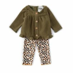 Cheapest 🧨 Rare Editions Baby 👧 Girls 3-24 Month Long Sleeve Button Front Ruffle Top & Brush Knit Leggings 2-Piece Set Green 😉