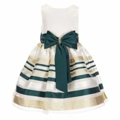 Wholesale ❤️ Rare Editions Little 👧 Girls 2T-6X Sleeveless Mikado Metallic Striped Organza 👗 Dress & Matching Bow Headband Hunter/gold/ivory 🧨