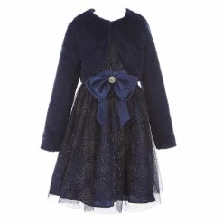 Flash Sale 💯 Rare Editions Big 👧 Girls 7-16 Long-Sleeve Faux-Fur Shrug & Short-Sleeve Printed Fit-And-Flare Social 👗 Dress Set Navy 😍