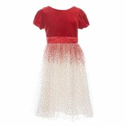 Cheapest ⌛ Rare Editions Big 👧 Girls 7-16 Velvet/Glitter-Accented Mesh Fit-And-Flare 👗 Dress Red ⌛