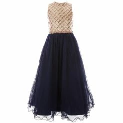 Deals 🥰 Rare Editions Big 👧 Girls 7-16 Sequin Mock Neck Mesh Maxi 👗 Dress Navy 😀