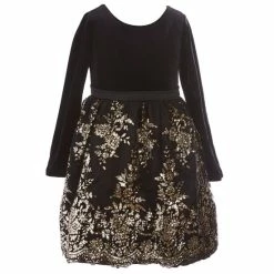 Budget ✔️ Rare Editions Little 👧 Girls 2T-6X Stretch Velvet Flocked Glitter Satin 👗 Dress Black 👏