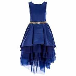 Flash Sale ⌛ Rare Editions Big 👧 Girls 7-16 Sleeveless Embellished Waist Trim Satin High-Low 👗 Dress Navy ⭐