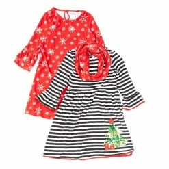 New 😍 Rare Editions Big 👧 Girls 7-16 Two 👗 Dress Set Snowflake & Striped/Christmas Tree 👗 Dress 3-Piece Set Red ⌛