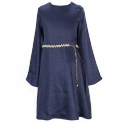 Deals ❤️ Rare Editions Big 👧 Girls 7-16 Long Bell Sleeve Pearl Belted Keyhole Back Satin Skater 👗 Dress Navy ✨