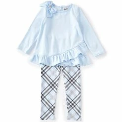Outlet ⭐ Rare Editions Little 👧 Girls 2T-6X Solid Long-Sleeve Velour Top & Plaid Knit Leggings Set Blue 🧨