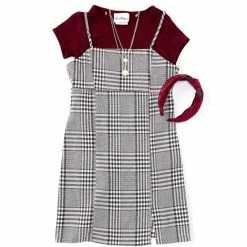 Cheapest 🎉 Rare Editions Big 👧 Girls 7-16 Sleeveless Plaid Jumper 👗 Dress, Solid Short-Sleeve Tee, Necklace & Velvet Headband 4-Piece Set Burgundy 😀 -Rare Editions Shop unnamed file 232