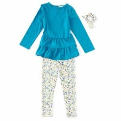 Buy 🧨 Rare Editions Little 👧 Girls 2T-6X Long-Sleeve Solid Rib-Knit Tiered Tunic Top & Printed Leggings Set Blue ✔️