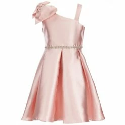 Deals 😉 Rare Editions Big 👧 Girls 7-16 Box Pleated Asymmetrical Shoulder Bow Jewel Trimmed 👗 Dress Blush ✨