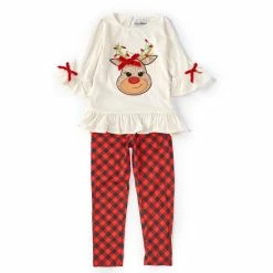 Outlet ⭐ Rare Editions Little 👧 Girls 2T-6X Solid Knit Reindeer Applique Top & Check Printed Leggings 2-Piece Set Ivory 🎁