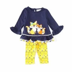 New 🎁 Rare Editions Baby 👧 Girls 3-24 Months Long-Sleeve Fox-Appliqued Tee & Printed Leggings Set Navy ❤️