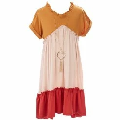 Best deal 🤩 Rare Editions Big 👧 Girls 7-16 Rolled Short-Sleeve Tiered Color Block High-Low-Hem 👗 Dress & Coordinating Necklace Orange/blush/red ✨