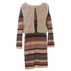 Promo 👍 Rare Editions Big 👧 Girls 7-16 Long Sleeve Knit Printed Stripe 👗 Dress With Fur Vest 2-Piece Set Taupe 👏