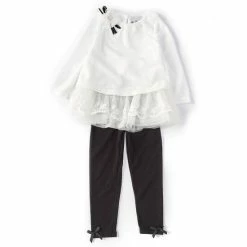 Best Sale 👍 Rare Editions Little 👧 Girls 2T-6X Texture KnIt With Lace Ruffles Top & Solid Knit Leggings Set White 👍