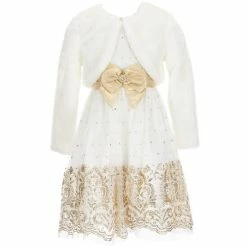 Flash Sale ✨ Rare Editions Big 👧 Girls 7-16 Cap Sleeve Metallic Bow Glitter Pattern Embellished Mesh 👗 Dress & Faux Fur Shrug 2-Piece Set Ivory 💯