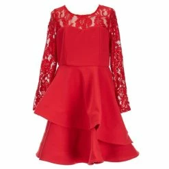 Cheapest โจ Rare Editions Big ๐ง Girls 7-16 Lace Illusion Long Sleeve Layered Ruffle Crepe ๐ Dress ๐