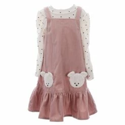New ✔️ Rare Editions Little 👧 Girls 2T-6X Sleeveless Solid Bear-Face-Pocketed Corduroy Jumper 👗 Dress & Printed Mockneck Tee 2-Piece Set Blush 💯