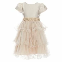 Best Pirce 😀 Rare Editions Little 👧 Girls 2T-6X Mikado/Tulle Wire-Hem Fit-And-Flare 👗 Dress Taupe ⭐