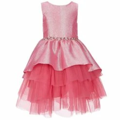 Best Pirce 🎉 Rare Editions Little 👧 Girls 2T-6X Sleeveless Lurex Jacquard Jeweled Waist Layered Mesh Peplum 👗 Dress Fuchsia 🔔