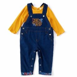 Brand new 😉 Rare Editions Baby 👧 Girls 3- 24 Months Long Sleeve Denim Overall Patchwork Jumpsuit Two Piece Set Yellow ⌛