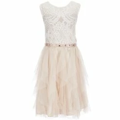 New 🤩 Rare Editions Big 👧 Girls 7-16 Sleeveless Lace Bodice Beaded Waist Belt Mesh Cascade 👗 Dress Taupe 🔔