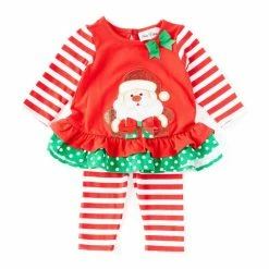 Deals ⭐ Rare Editions Baby 👧 Girls 3-24 Months Mixed-Media Santa-Applique Tunic Top & Striped Leggings Set Red 🥰