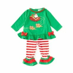New 👍 Rare Editions Baby 👧 Girls 3-24 Months Long-Sleeve Santa Sleigh Applique Knit Top & Striped Leggings Set Green/red/white 😍