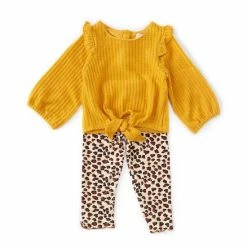 Buy 🤩 Rare Editions Baby 👧 Girls 12-24 Months Solid Long-Sleeve Thermal Top & Printed Leggings Two Piece Set Mustard 🛒