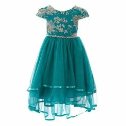 Promo ✔️ Rare Editions Little 👧 Girls 4-6X Cap Sleeve Embroidered Mesh High-Low 👗 Dress Emerald 🎉