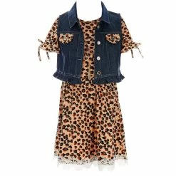 Coupon 🤩 Rare Editions Big 👧 Girls 7-16 Sleeveless Denim Vest & Animal-Printed French Terry A-Line 👗 Dress 2-Piece Set Taupe ✔️