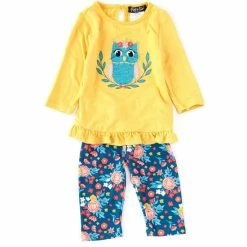 Wholesale 👏 Rare Editions Baby 👧 Girls 3-24 Months Long Sleeve Owl Applique Top & Floral Leggings 2-Piece Set Yellow 🥰