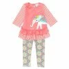 Outlet ⭐ Rare Editions Little 👧 Girls 2T-6X Stripe 3/4 Sleeve Ruffled Elephant Applique Top & Pattern Legging 2-Piece Set Coral/teal Multi 👏