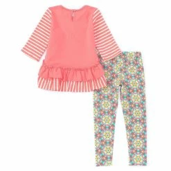 Outlet ⭐ Rare Editions Little 👧 Girls 2T-6X Stripe 3/4 Sleeve Ruffled Elephant Applique Top & Pattern Legging 2-Piece Set Coral/teal Multi 👏 -Rare Editions Shop unnamed file 373