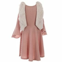 Best Sale 🔥 Rare Editions Big 👧 Girls 7-16 Sleeveless Faux-Fur Vest & Bell-Sleeve Brushed-Rib-Knit Fit-And-Flare 👗 Dress 2-Piece Set Blush ✨