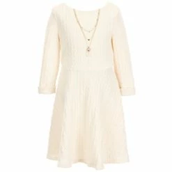 Hot Sale 😍 Rare Editions Big 👧 Girls 7-16 Long-Sleeve Double Knit Fit And Flare 👗 Dress & Coordinating Necklace Ivory 🛒