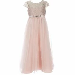 Hot Sale 👏 Rare Editions Big 👧 Girls 7-16 Embroidered Mesh Overlay 👗 Skirt Long Social 👗 Dress Blush 🥰