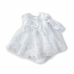 Deals 🤩 Rare Editions Baby 👧 Girls 3-24 Months Solid Satin/Embellished Embroidered 👗 Skirted 👗 Dress, Panty & Flower Headband Set White ✔️