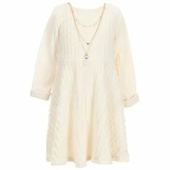 Deals 🧨 Rare Editions Little 👧 Girls 4T-6X Long-Sleeve Rolled Cuff Double Knit Sweater 👗 Dress & Matching Necklace Ivory 🎉