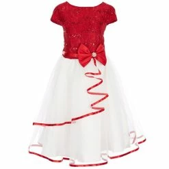 New 💯 Rare Editions Big 👧 Girls 7-16 Cap-Sleeve Glitter Lace Bodice Satin Bow Tiered Mesh Cascade Ribbon Hem 👗 Dress Red/white 🤩