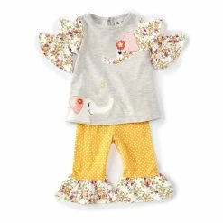 Budget 💯 Rare Editions Baby 👧 Girls 3-24 Months Flutter-Sleeve Elephant-Applique Tee & Ruffle-Hem Leggings Set Gray 🤩