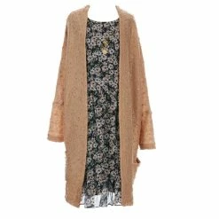 Cheap 🧨 Rare Editions Big 👧 Girls 7-16 Long-Sleeve Textured-Knit Cardigan & Ditsy-Floral Chiffon Tiered 👗 Dress Set Beige 😍