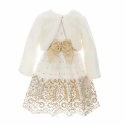 Cheapest 👍 Rare Editions Little 👧 Girls 4-6X Long-Sleeve Faux-Fur Bolero Jacket & Glitter-Accented Border-Hem 👗 Dress 2 Piece Set Ivory 🔔